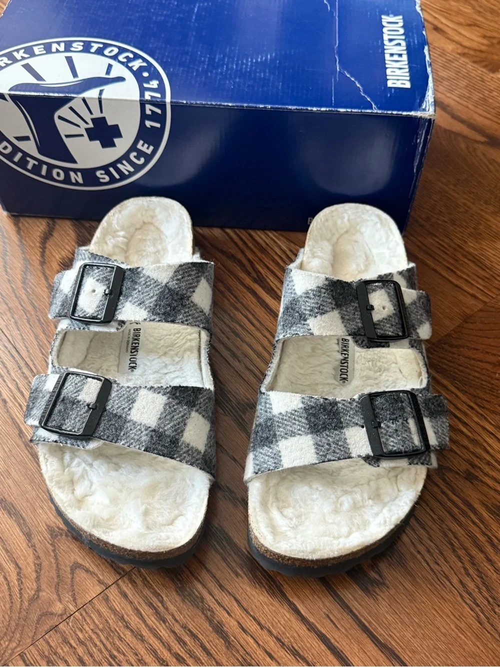 Birkenstock Plaid Shearling Double-Buckle Slide Sandals - Black & White size 39